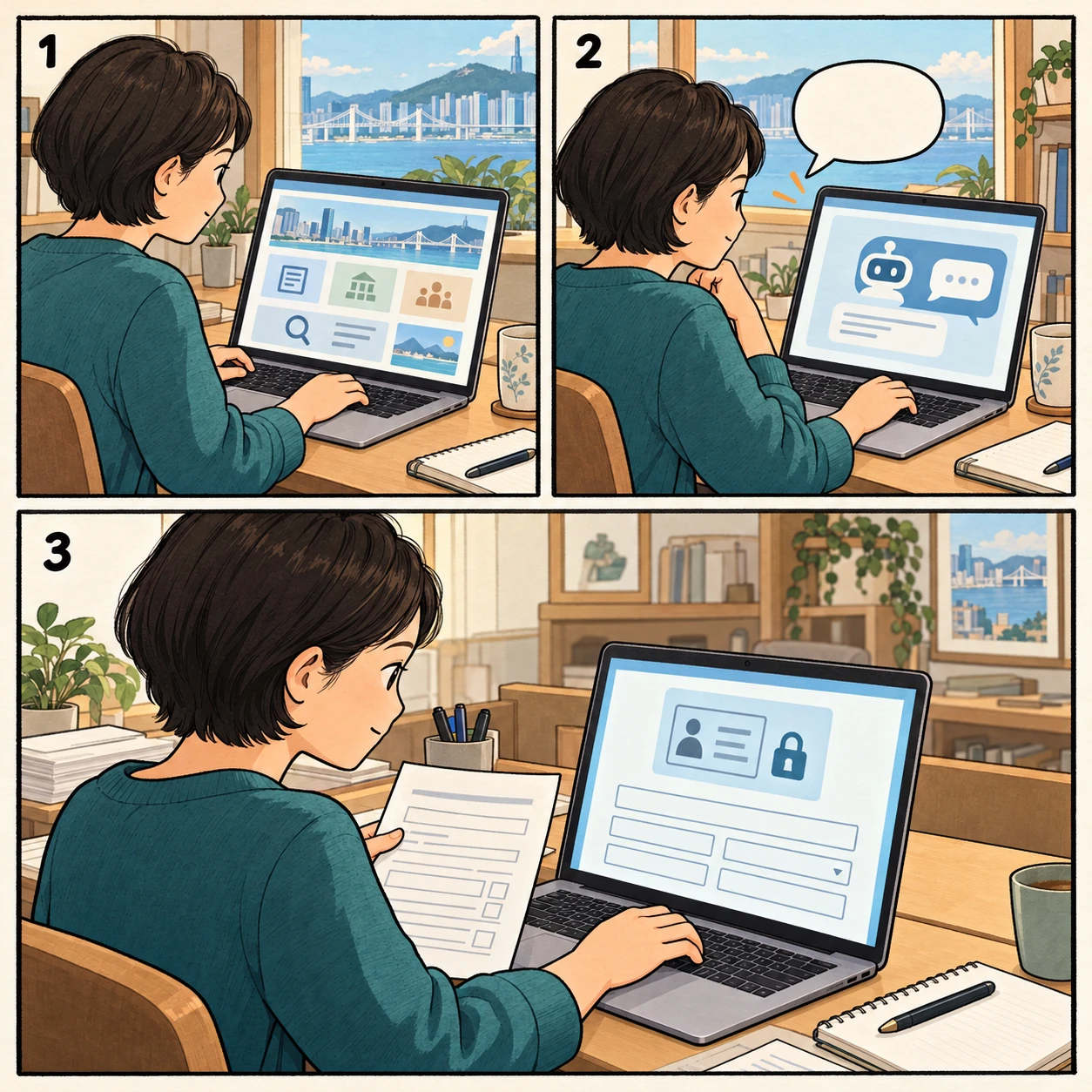 시민의 메뉴 탐색, AI 질문, 공식 창구 본인확인·신청 안내 확인을 그린 세 장면.