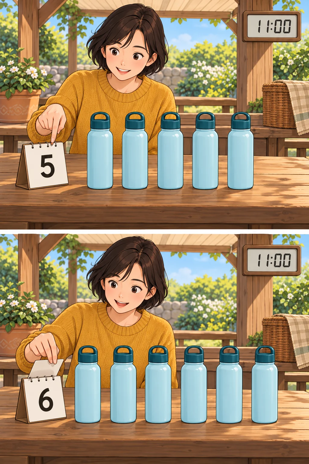 Two scenes with the same picnic organizer: a headcount of 5 and five bottles above, a changed headcount of 6 and six bottles below. Both clocks read 11:00.