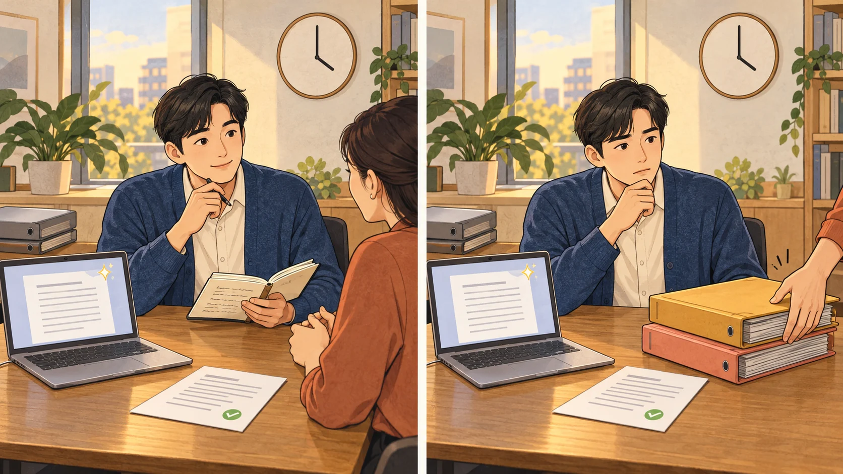 같은 시각의 책상 두 장면. 왼쪽 직원은 동료와 대화하고, 오른쪽 직원 앞에는 새 문서 두 건이 놓인다.
