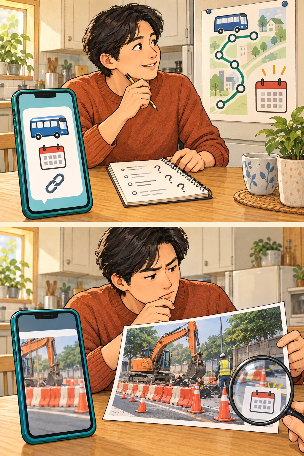 한 동네 채팅방의 두 메시지. 위쪽은 공청회 링크로 의견 제출 방법을 읽는 사람, 아래쪽은 공사 사진의 빠진 날짜를 찾는 같은 사람.