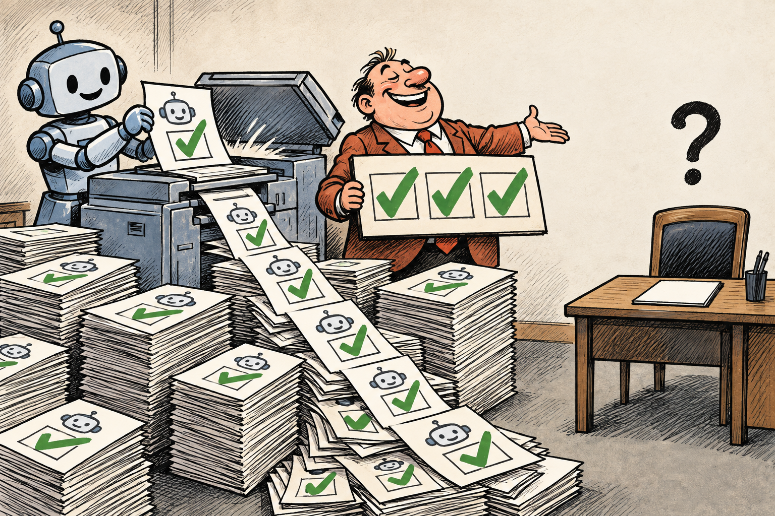 Single-panel landscape cartoon. One robot feeds a ballot bearing its own face and a green check into a copier. Identical ballots pile up while a grinning manager holds a board with three green checks. To the right, an empty chair sits behind a desk with an unused notepad and a large question mark above it.