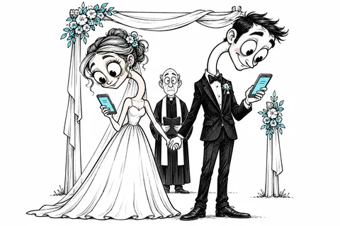 신랑과 신부가 손을 잡은 채 목을 길게 구부려 각자의 휴대폰을 바라본다. 사이에 선 작은 주례는 무표정하다.