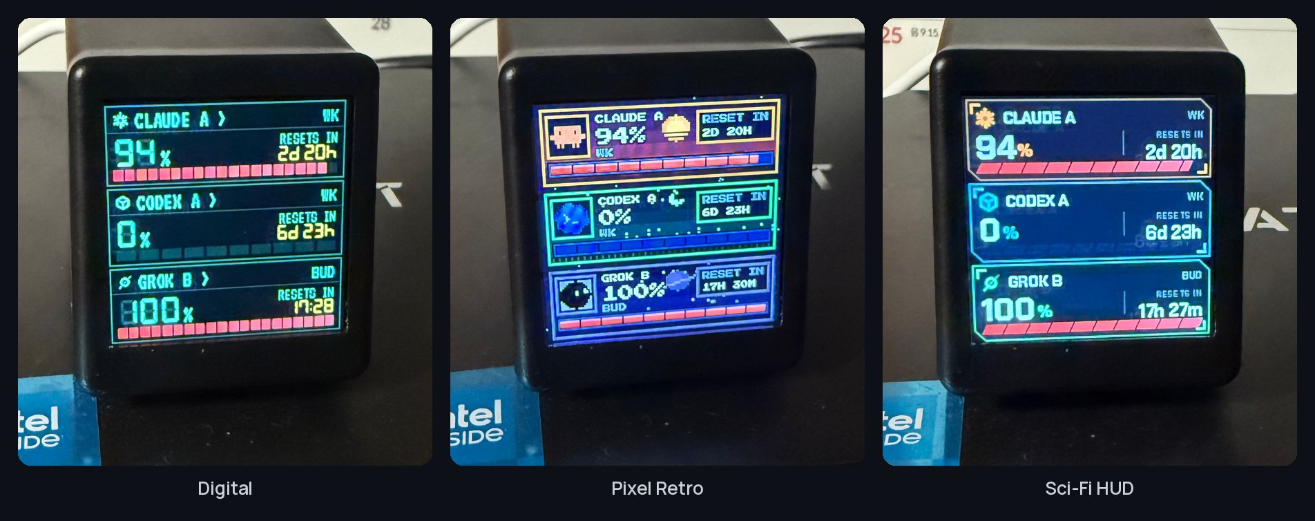 실제 시계의 Digital, Pixel Retro, Sci-Fi HUD 세 가지 표시 화면